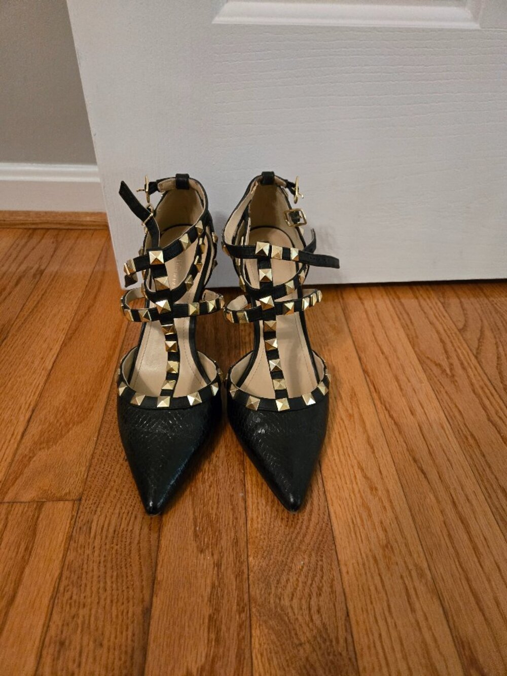 BCBGeneration Black Pointed Studded Strappy Heels